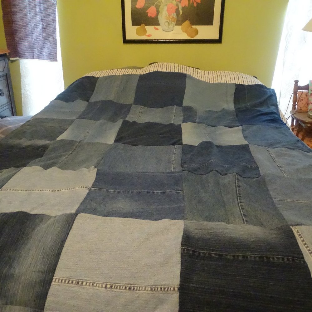 Denim quilt, checkerboard, 60" x 70", recycled jeans